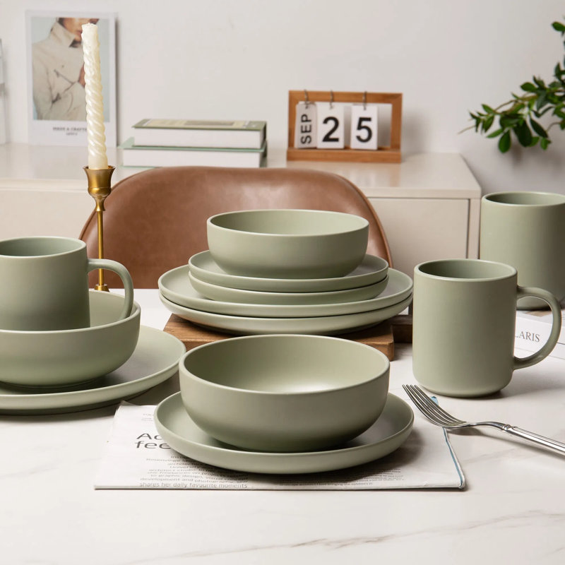 Service de table 12 pièces en grès avec tasses - va au micro-ondes et au lave-vaisselle, empilable, non toxique - service pour 3