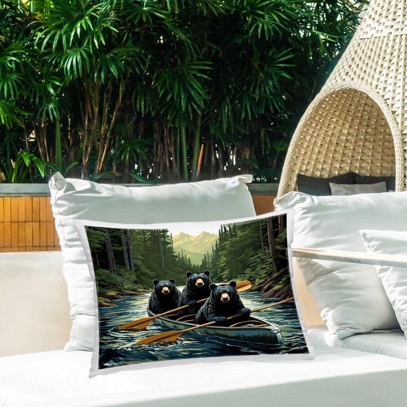 Coussin d'extérieur Canoeing Bears on River par Jim Baldwin