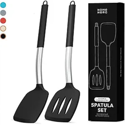 Silicone Spatula Set With Ergonomic Handles - Stainless Steel High Heat Resistant Solid & Slotted Turner, BPA Free Non Stick Kitchen Utensils Set - Rubber Spatula (2 Pcs - Black)