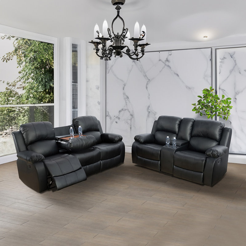 Ensemble de salon inclinable en similicuir 2 pièces Vesada avec table basse et console intégrées, Noir