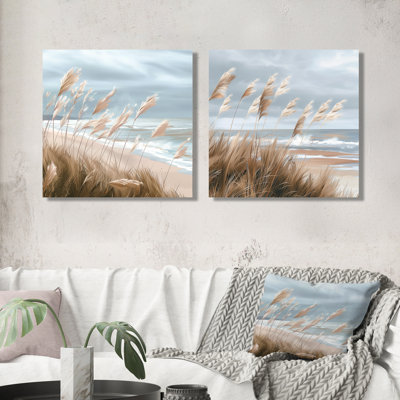 «Beach Scene With Tall Pampas Grass I», art mural plage, art mural nautique sur toile, 2 pièces