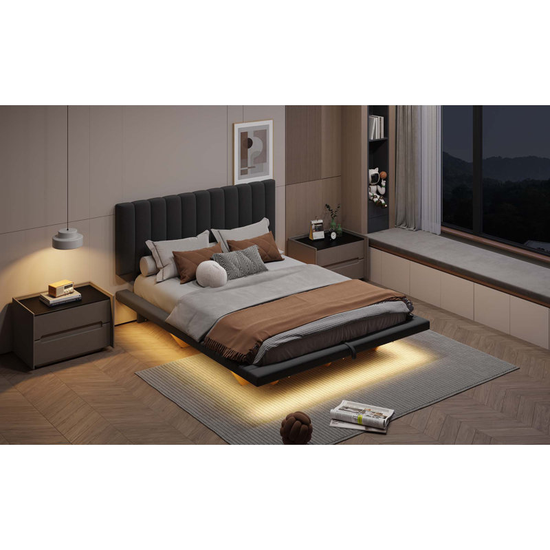 Grand lit flottant rembourré avec lumière DEL et port USB, lit plateforme en velours Hydrualic, Gris