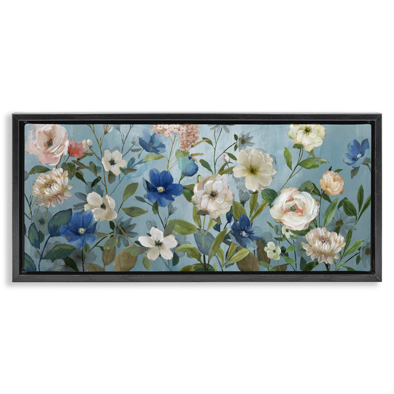 Fleurs de jardin mixtes sur fond bleu, Cadre flottant noir de jais, H 11 po x l 25 po