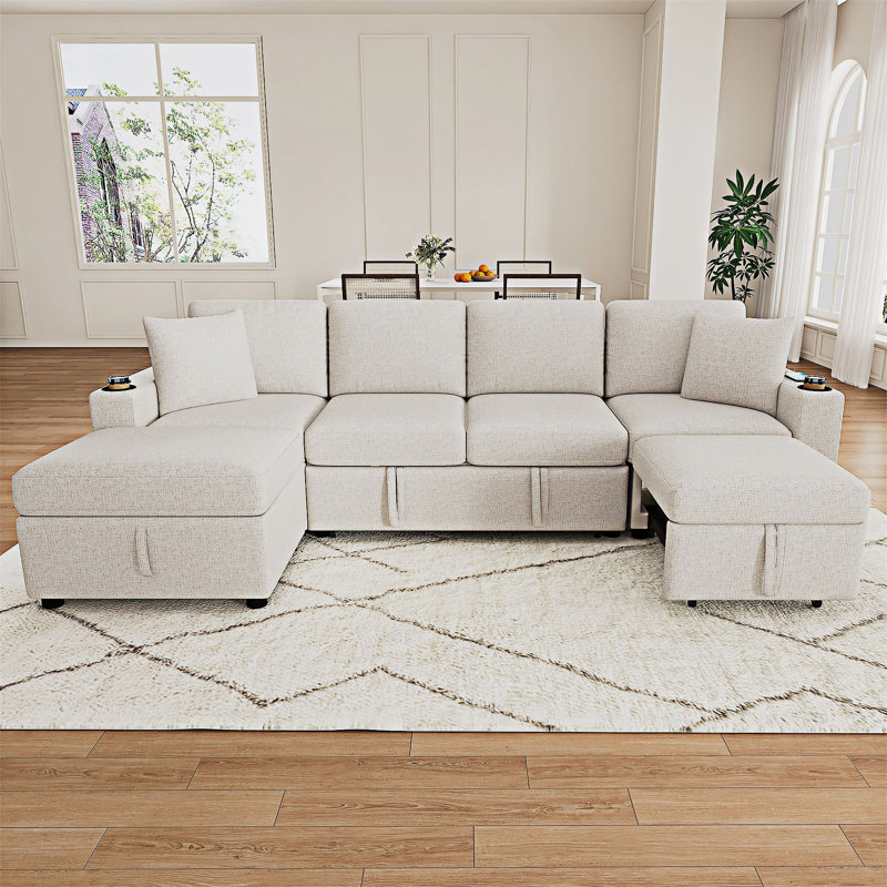 Sectional Sofa Convertible Pull-Out Sofa Bed With Storage Ottoman, Beige Chenille