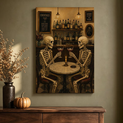 Tableau à l'huile sur toile tendue, 61 x 91 cm, représentant une scène d'Halloween avec un bar à cocktails et un squelette. Prêt à accrocher.