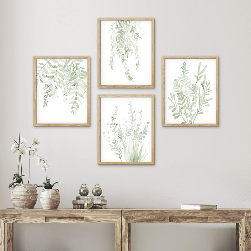 «Minimal Botanical» IDÉE4WALL, art mural variété de feuille de forêt vert pastel encadré, ensemble de 4 impressions de nature sauvage, décoration murale botanique floral pour le salon, impression encadrée de chambre à coucher, 4 pièces