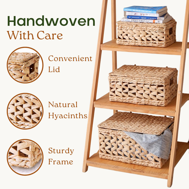 Natural Woven Water Hyacinth Wicker Storage Baskets with Lids, Set of 3