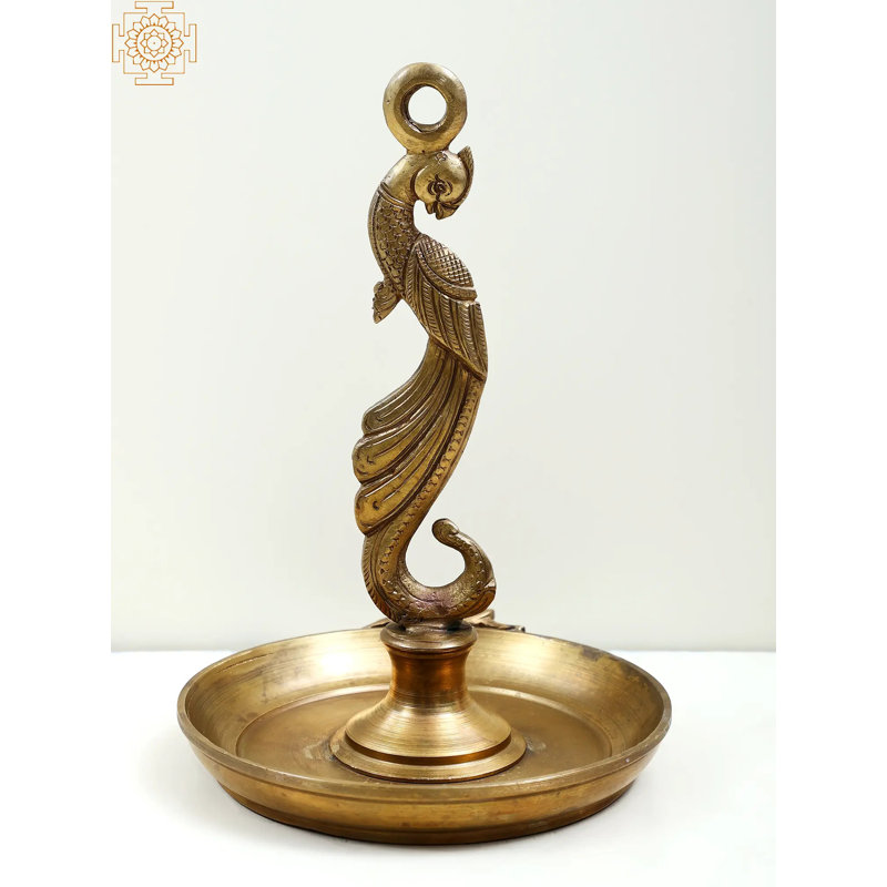 Lampe paon en bronze faite à la main 8 po - Art traditionnel Hoysala, design complexe, éclairage spirituel et décoratif