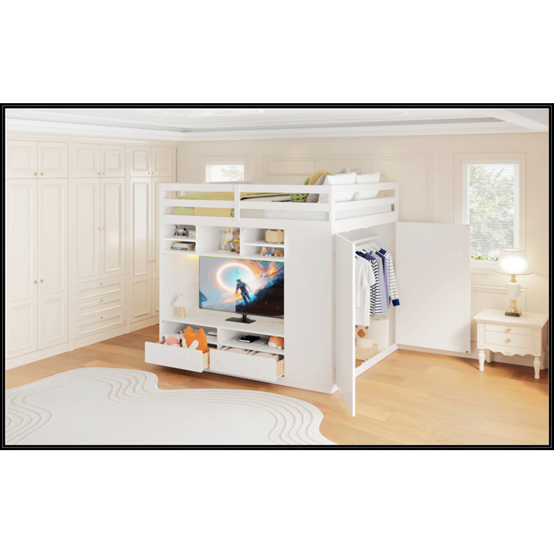 Lit mezzanine double avec tiroirs, Blanc