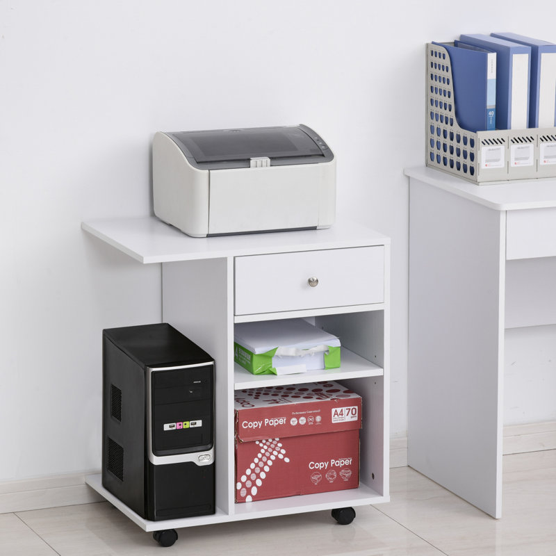 White Particleboard Mobile Printer Stand with Adjustable Shelf and Drawer