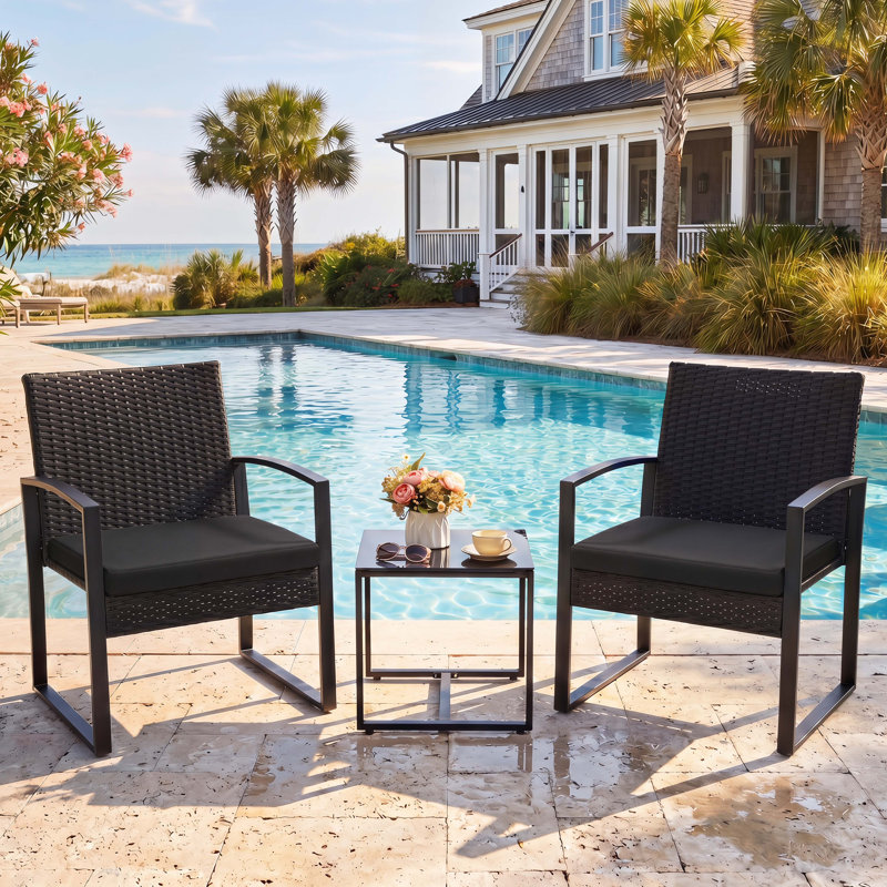 3 Piece Wicker Patio Bistro Set with Coffee Table, Outdoor Rattan Conversation Set for Balcony Porch Garden Yard Poolside