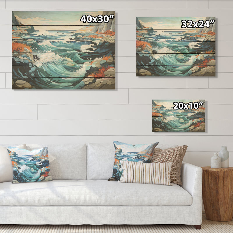 «Wild Beachscape Landscape I - Coastal Coral Under Water Wood», art mural sur bois de pin naturel, H 24 po x l 32 po