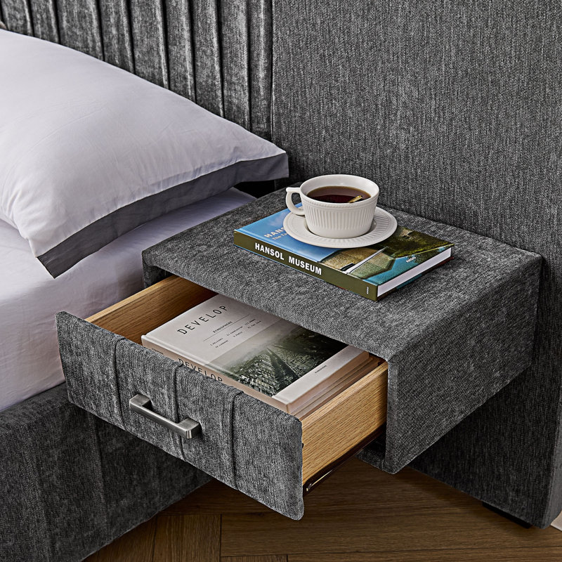 Lit plateforme tapissier avec tête de lit et table de chevet assortie, Très grand lit, Gris foncé