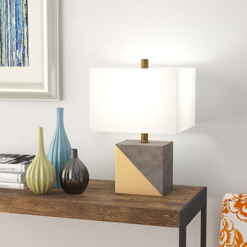 Severin 18.5" Tall Gold-Dipped Concrete Table Lamp with Fabric Shade in Gold and Concrete/White