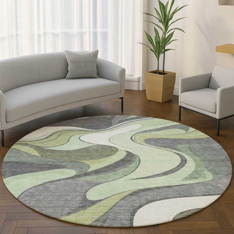 Premium Machine Washable Mayfield  swirls Rug, 8' Round, Green