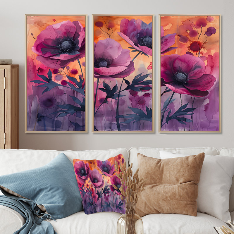 Mauve rouge délicat Poppy Meadows - Ensemble de décorations murales coquelicots, Toile naturelle avec cadre flottant