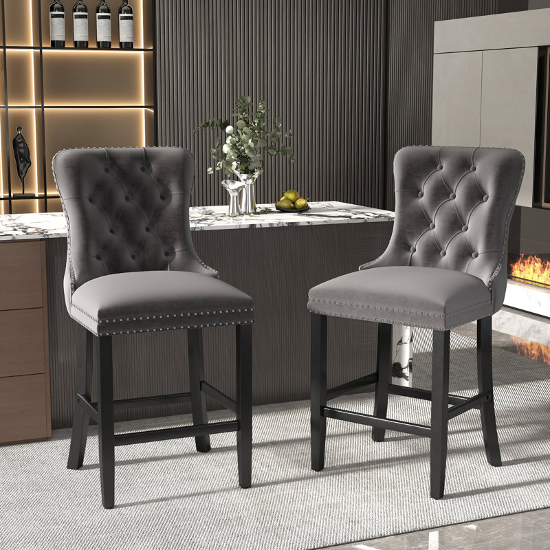 Tabouret de bar rembourré en velours avec dossier capitonné, chaises de bar, tabourets de bar, ensemble de 2, Gris