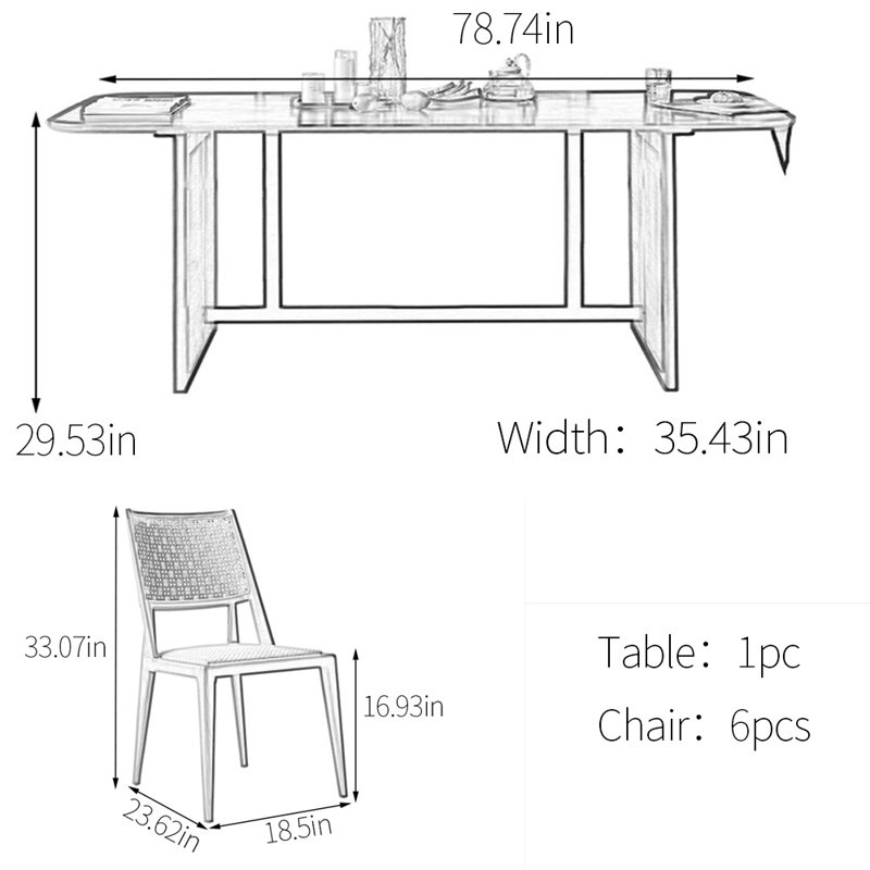 Ensemble de table de salle à manger en rotin et bois massif, 7