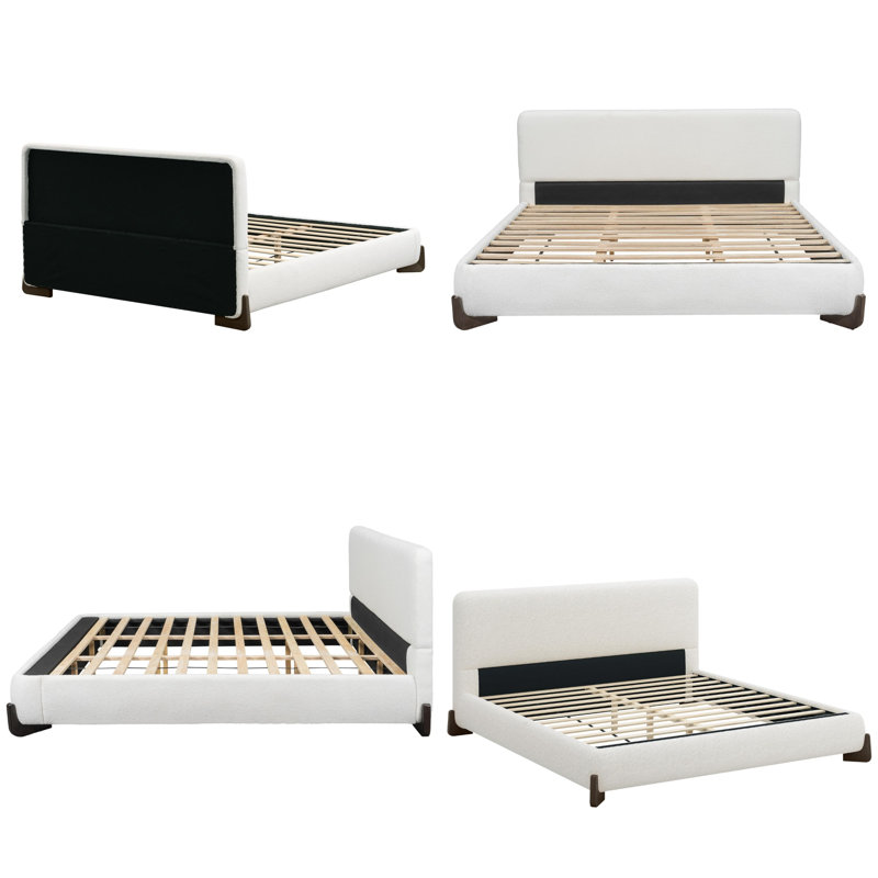 Élégant lit plateforme tapissier blanc Boucle avec pieds en bois massif brun foncé, aucun sommier nécessaire avec système de support à lattes de bois pour chambre à coucher moderne