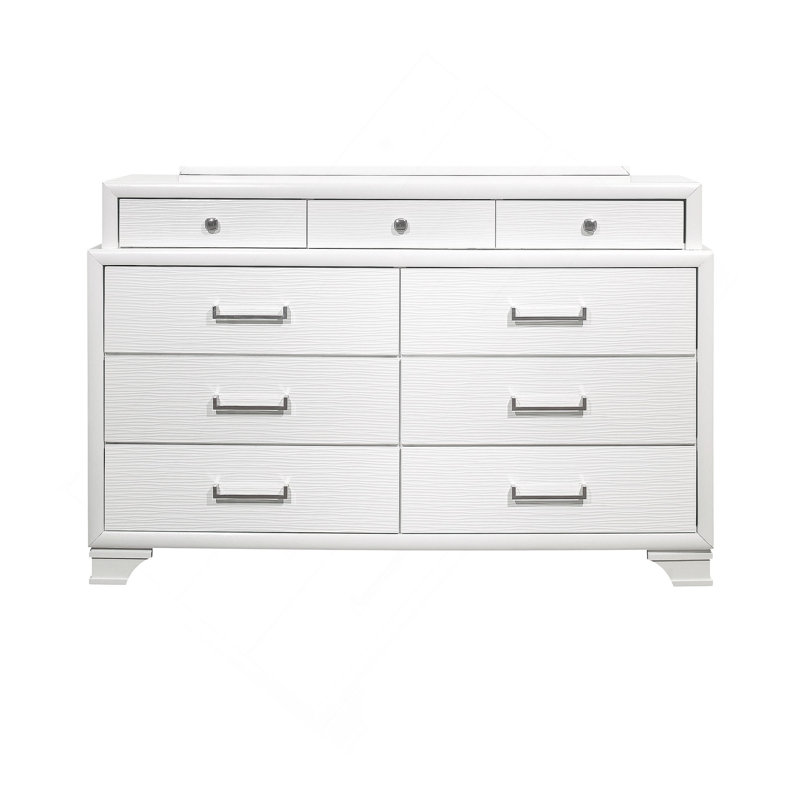 Commode 9 tiroirs avec panneaux texturés et quincaillerie mixte, Blanc