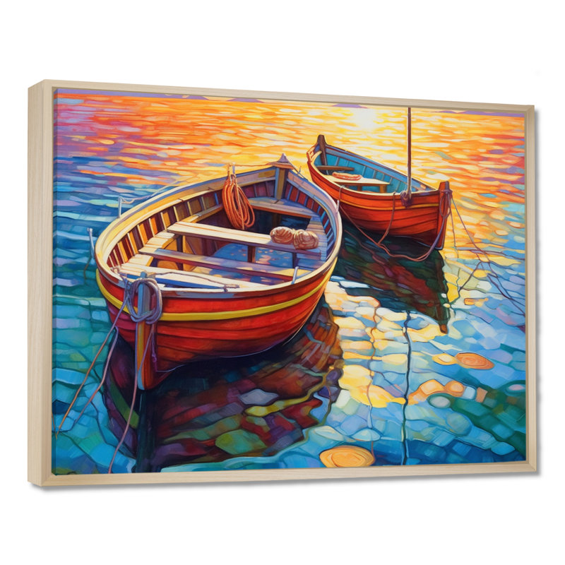Deux bateaux dans le port I - art mural port côtier, H 24 po x l 32 po x P 1 po, Cadre flottant érable
