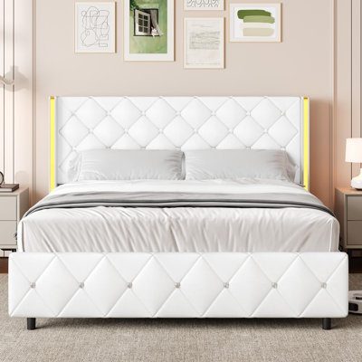 Alber Upholstered Bed Frame With Diamond Tufted Headboard, Modern Wingback, No Box Spring Needed
