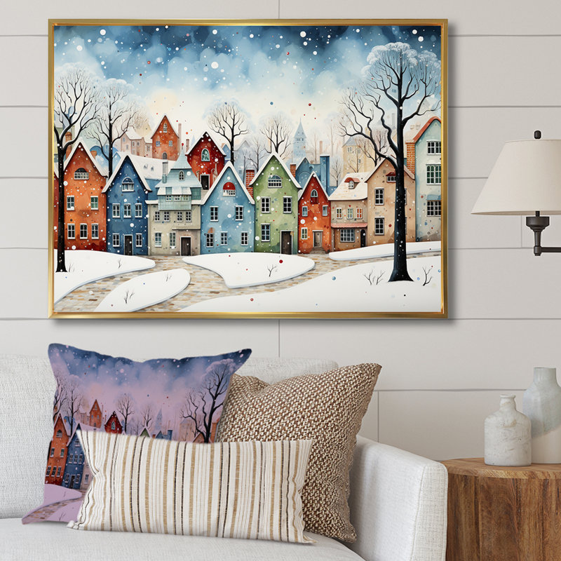 Multicolor Frosty City In Winter I - Winter Landscape, art mural, Cadre flottant doré, H 12 po x l 20 po x P 1 po