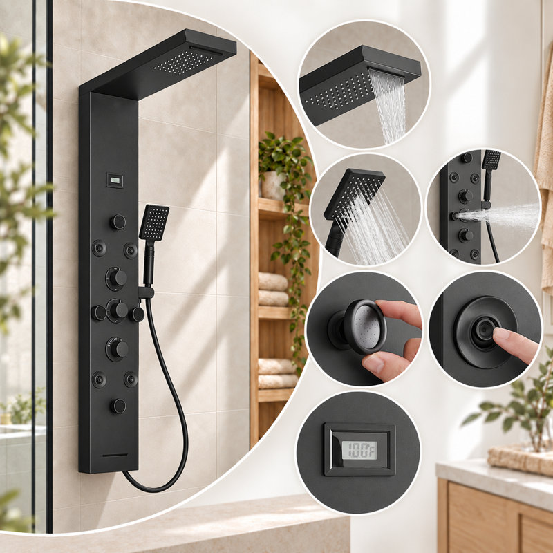 52 Inch Shower Panel Tower System, Stainless Steel 6-Way Diverter with Rainfall Shower Head, Body Massage Jets, Handheld Wand & Digital Temperature Monitor