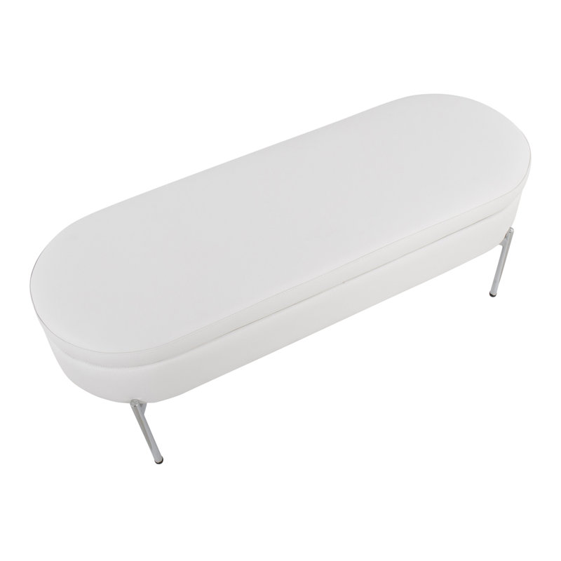 Faux Leather Upholstered Storage Bench, White/Chrome