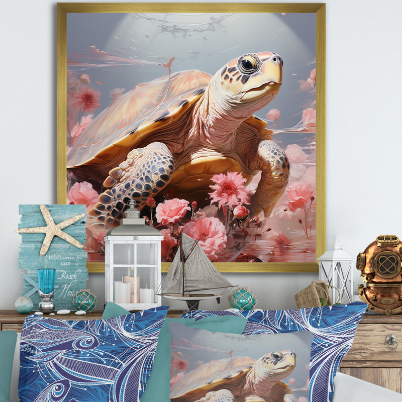 Tortue romantique sur toile, Cadre doré simple, H 36 po x l 36 po x P 1,5 po