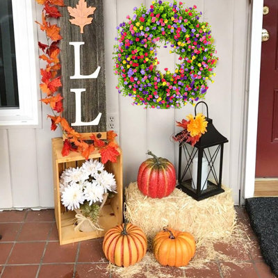 Farmhouse Summer to Fall Wreath 17 Inch, Artificial Eucalyptus & Wildflower Autumn Wreath for Front Door, Durable Handmade Floral Garland for Indoor Outdoor Harvest Home Decor