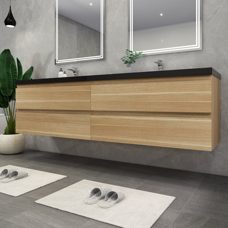 Ensemble de meuble-lavabo double mural 84 po Kirker, Chêne clair