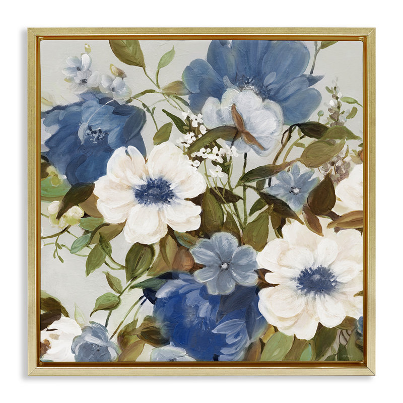 Lot de fleurs bleues, H 25 po x l 25 po, Cadre flottant métallique doré