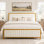 Cadre de lit plateforme capitonné avec tête et pied de lit à capitonnage vertical, sommier à lattes métalliques robustes (taille standard), aucun sommier tapissier nécessaire, beige