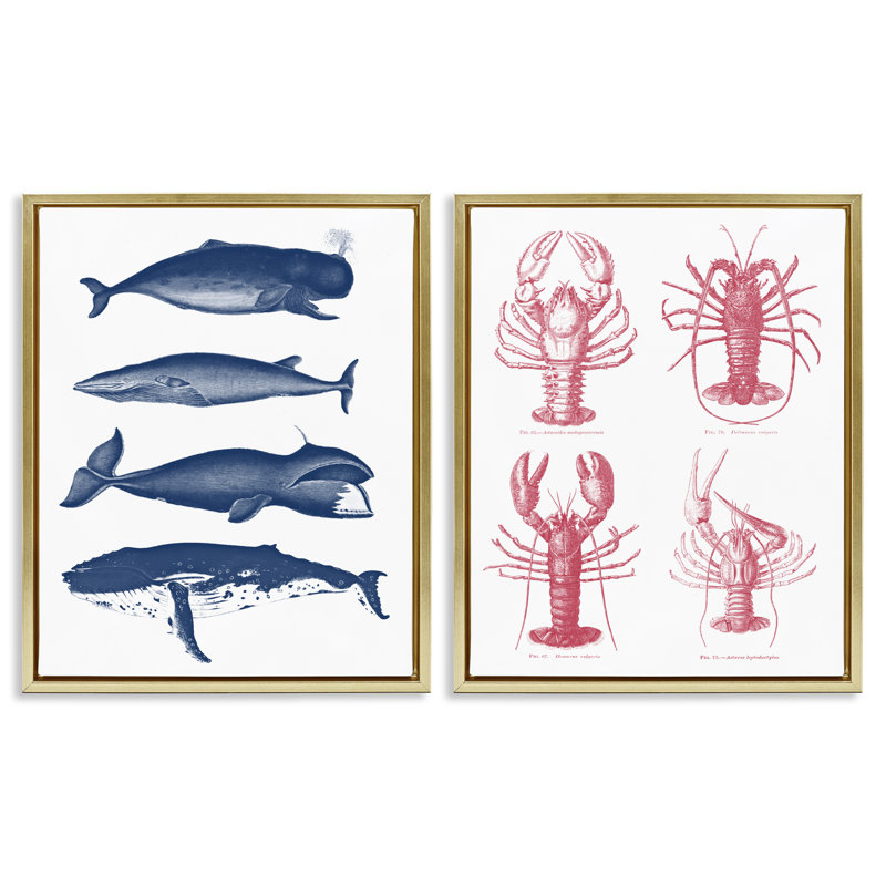 Ensemble de 2 cadres flottants Marine Whales & Lobsters, H 21 po x l 17 po, Cadre flottant métallique doré
