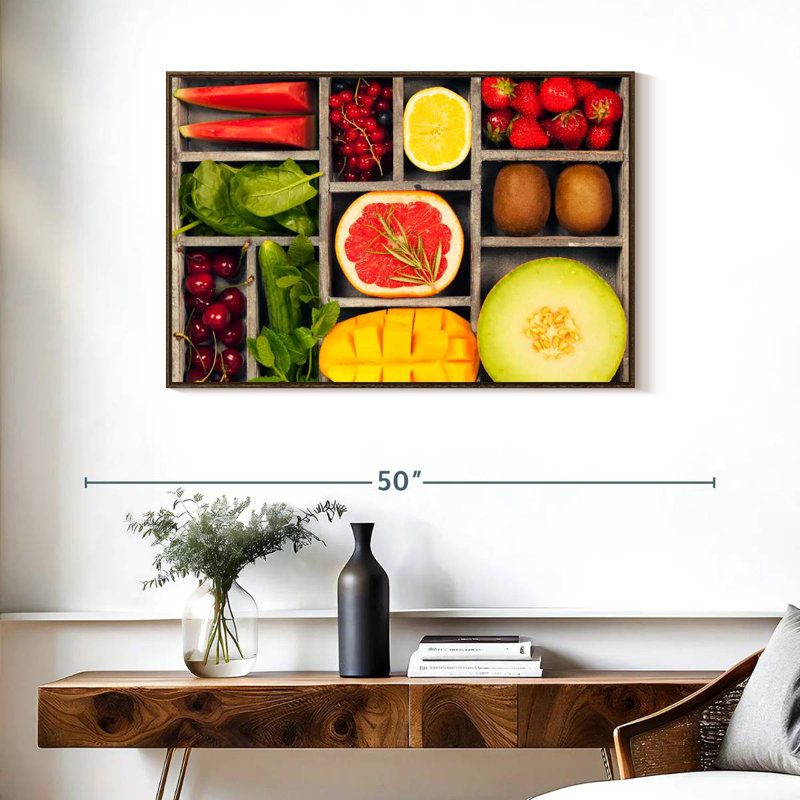 Bento légumes et fruits, 37 po x 25 po, Cadre flottant en noyer
