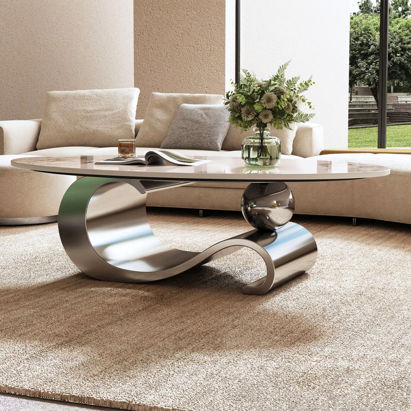 Table basse ovale en faux marbre 49,2 po, base en acier inoxydable, table centrale, Gris