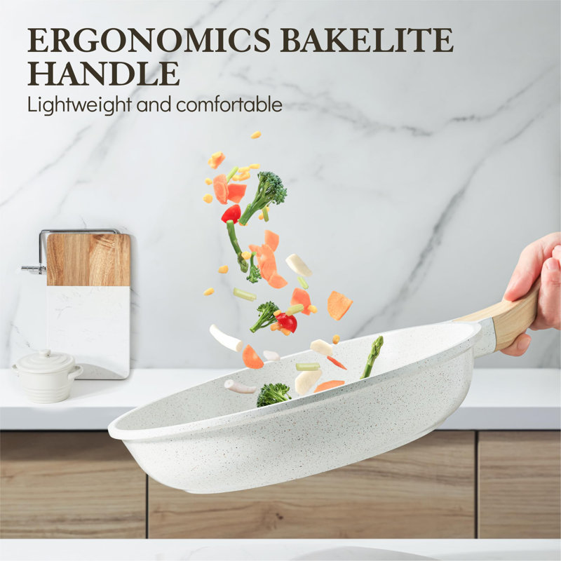 12.5 Inch White Ceramic Nonstick Frying Pan with Woodgrain Handle