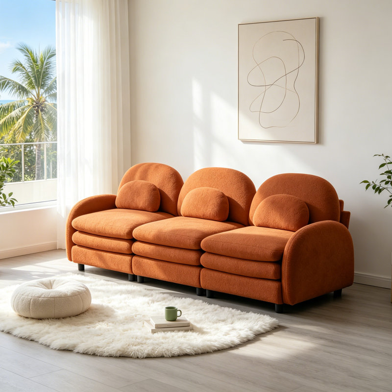 Canapé 3 places en tissu avec dossier incurvé Teddy, Orange moelleux