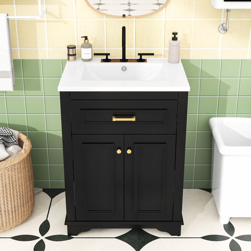 Meuble-lavabo de salle de bain avec lavabo, 2 portes à fermeture en douceur et tiroir basculant, Noir