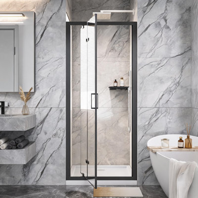 32 inch Matt Black Aluminum Framed Bi-Fold Pivot Shower Door with Clear Tempered Glass and Stainless Steel Handle