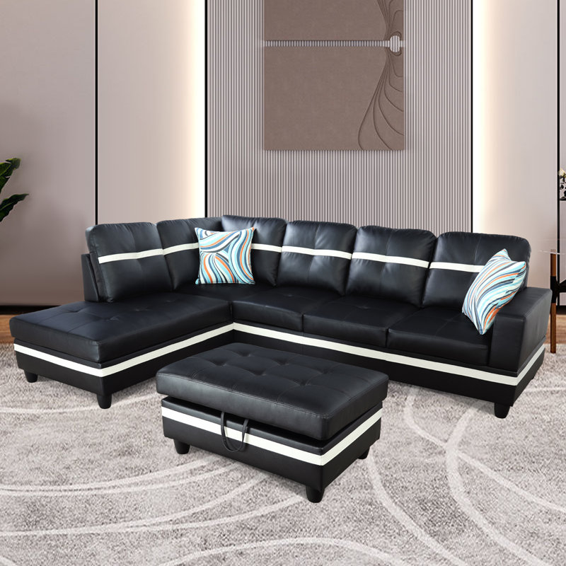 Faux Leather L-Shaped Sectional, Left Hand Facing, Black Faux Leather