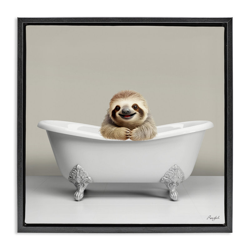 Happy paresseux dans la baignoire, H 18 po x l 18 po, Cadre flottant noir de jais