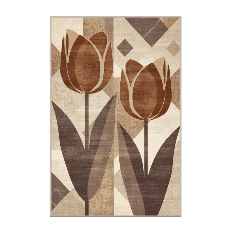 Machine Washable Parrilla Tulip Modern & Contemporary Geometric Shapes Rug in Brown – Beige Binding, 7x10
