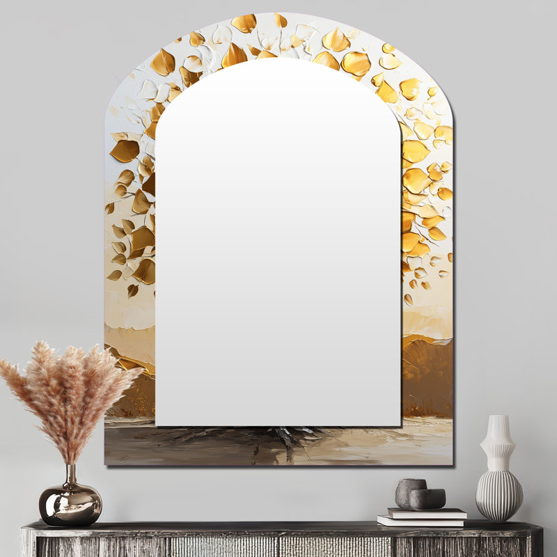 Or fauve fou et or blanc et arbre I - miroir mural asymétrique en bois de tilleul américain, miroir décoratif arqué traditionnel