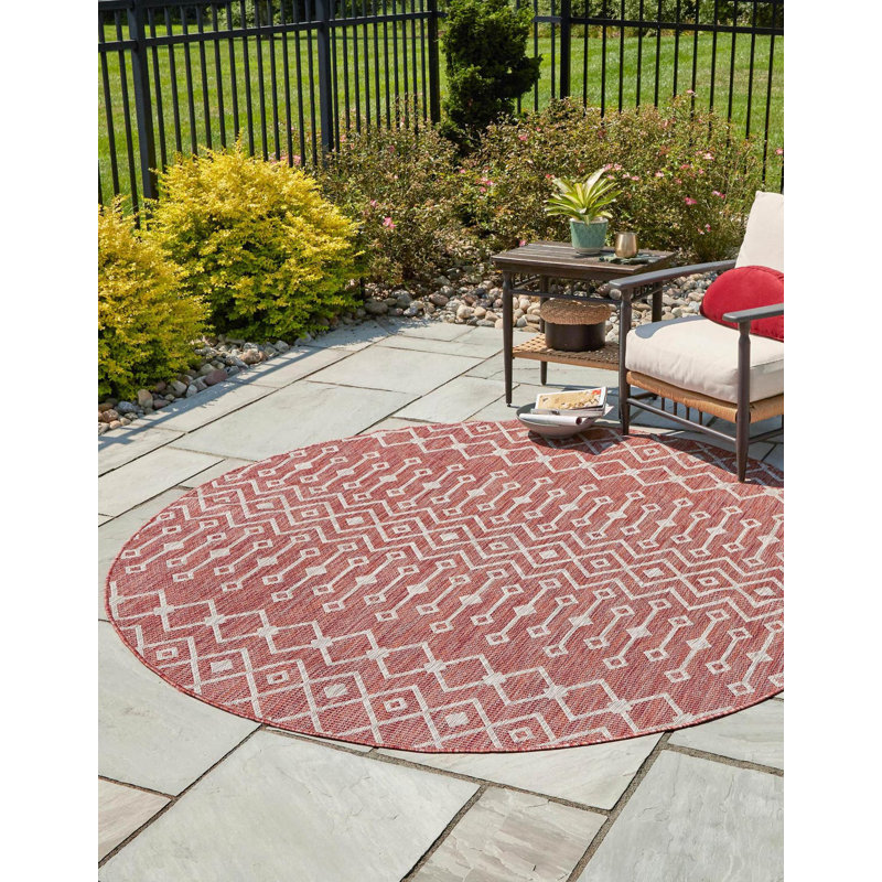 Tapis rouge rouille intérieur / extérieur Julieta, Rond 5 pi 3 po