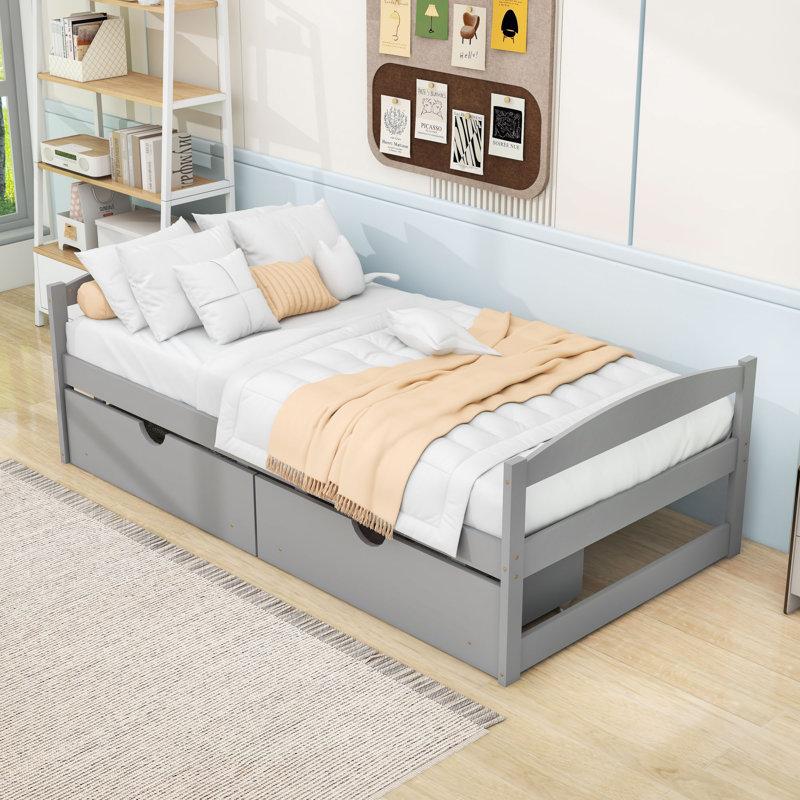 Lit plateforme simple en bois avec 2 tiroirs, Gris