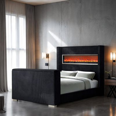 Grand lit de style contemporain, couleur noire, foyer 3D sur la tête de lit, télé et lit audio avec foyer, conception à oreilles, ports Sd