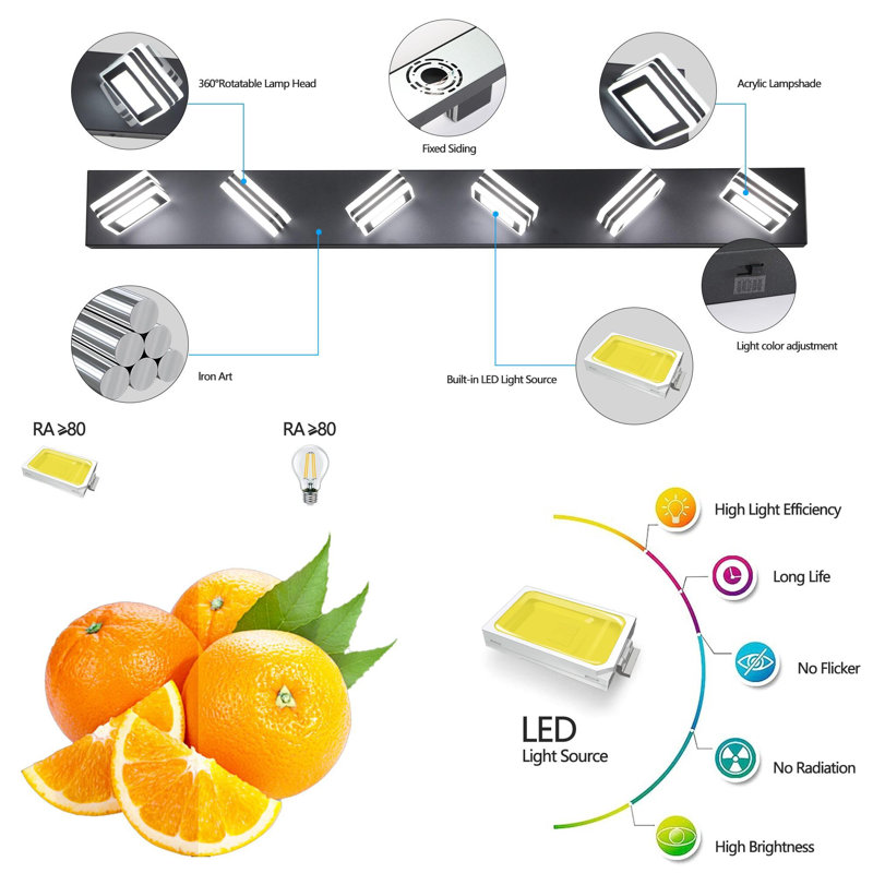 Miroir de salle de bain à DEL avec luminosité réglable, Six lumières, Noir, H 4 po x l 40 po x P 4 po