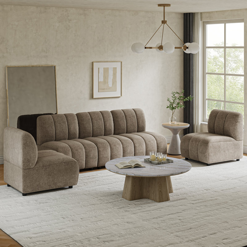 Shalon 84" Modern Chenille 5-Piece Modular Channel Tufted Living Room Sets, Saddle